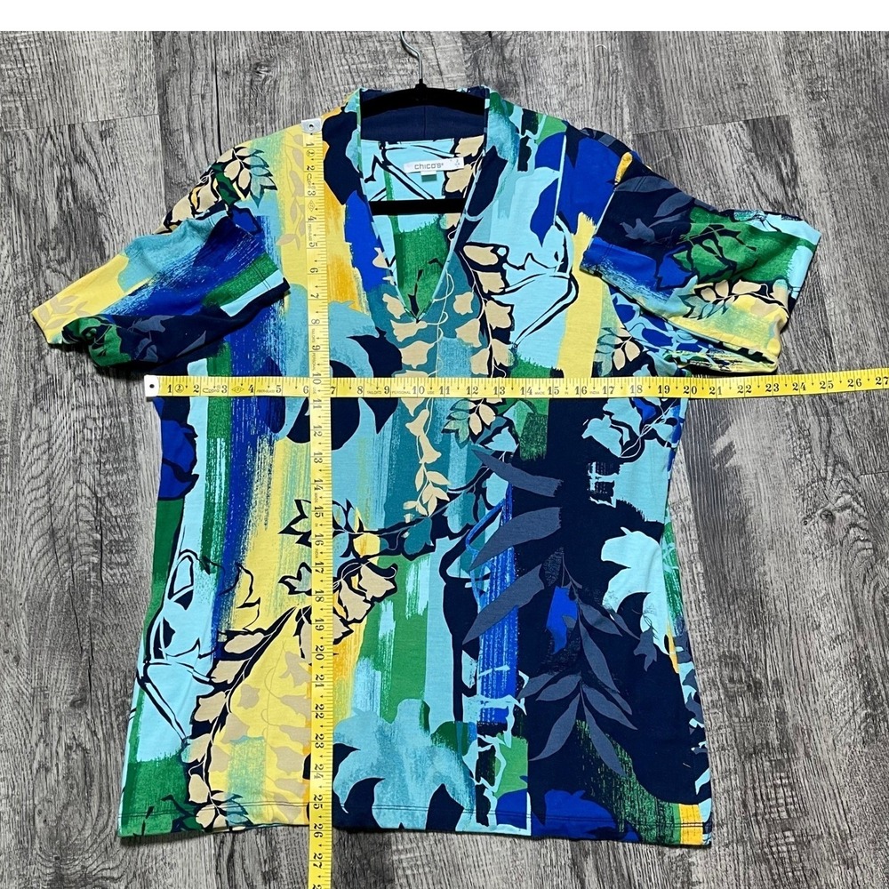 Chicos V-Neck Tunic Women Sz 2 / US L Blue Yellow Abstract Floral 3/4 Sleeve Top - Picture 7 of 9
